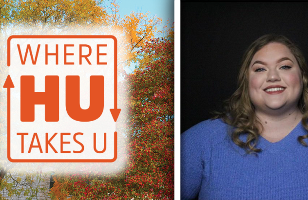 The Where HU Takes U logo (left) and the headshot of Jasmine Ridler (right). Jasmine is a white woman with light brown / blonde curly hair, and she is wearing a blue sweater.