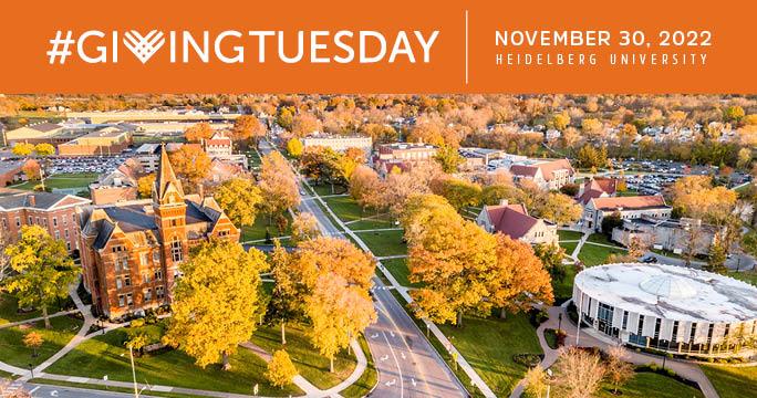 Giving Tuesday graphic with campus drone picture of University Hall