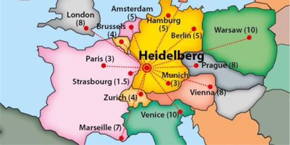 This map shows the approximate location of the University of Heidelberg in Germany.