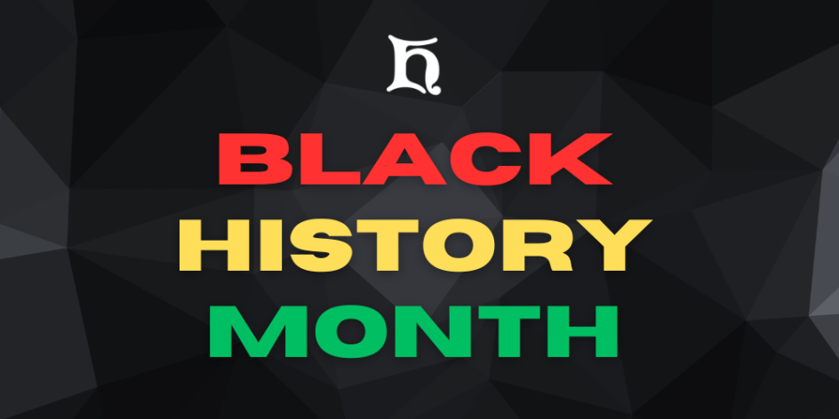 A black geometric background with the Heidelberg logo and text that reads "Black History Month" in red, yellow and green overlayed.