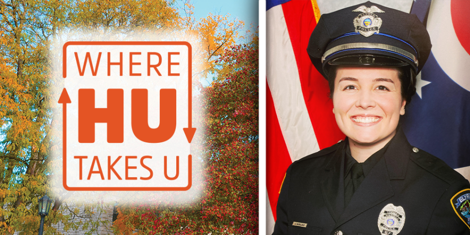 Joanna Catalano in her police uniform with the Ohio state flag behind her (right), with the "Where HU Takes U" logo left.