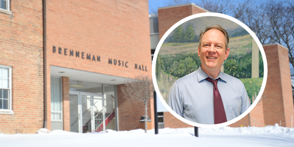 Brenneman Music Hall, a brick building with a glass front door, in the snow. Greg Ramsdell, a middle aged white man wearing a blue shirt and a red tie, is superimposed.