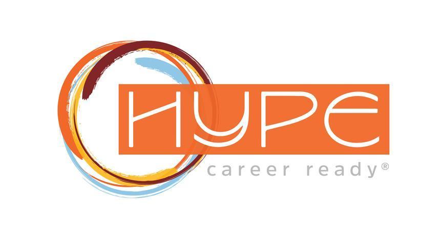 HYPE Career Ready logo, orange and light blue circle swirls with an orange box overlay and the word "HYPE" in white