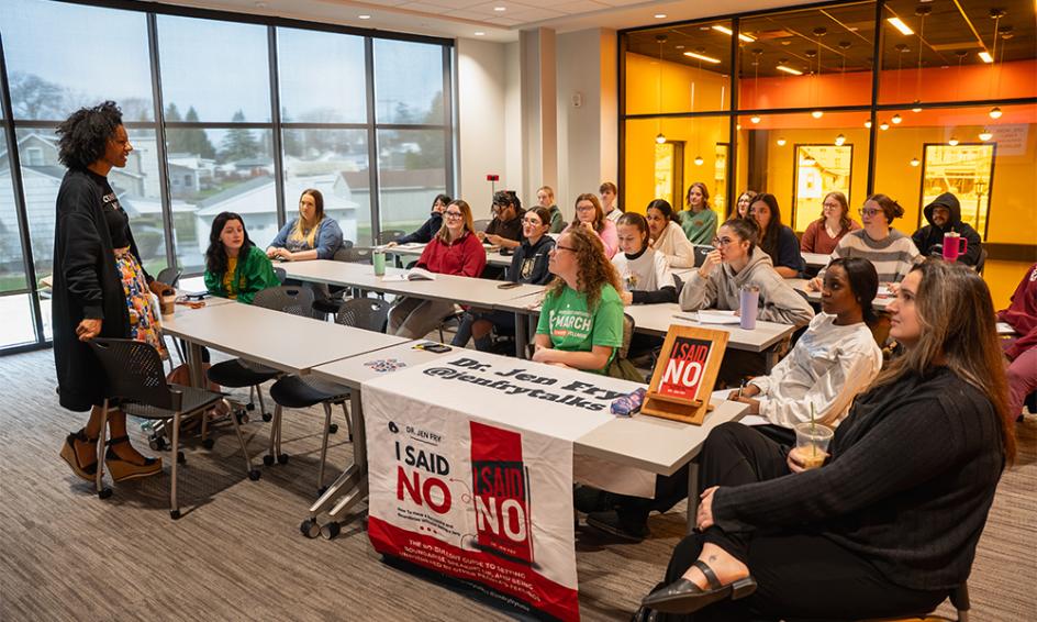 Dr. Jen Fry speaks to class