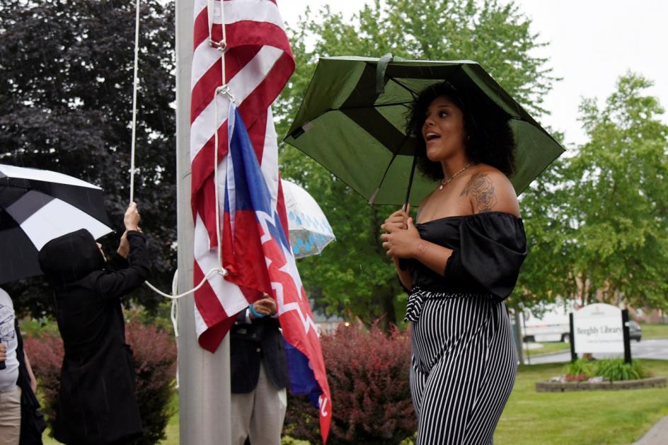 'Berg junior Alex Carter performs "Lift Every Voice and Sing" at the Juneteenth flag-raising ceremony.