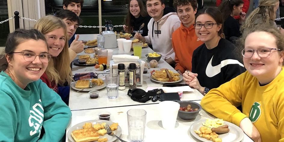 Students enjoy a stress-relieving Late Night Breakfast before launching into final exams.