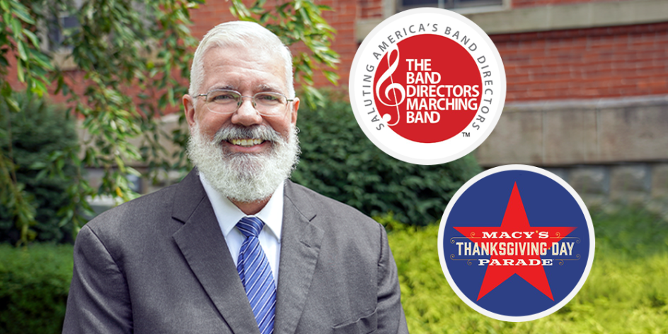 Rod Miller with the logos for the Band Directors Marching Band and the Macy's Thanksgiving Day Parade Logo