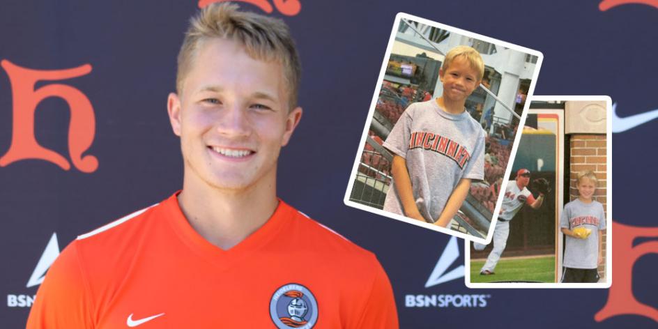 Sam pictured during photo day in soccer uniform on left side with two photos of him attending Reds games as a child on the right side