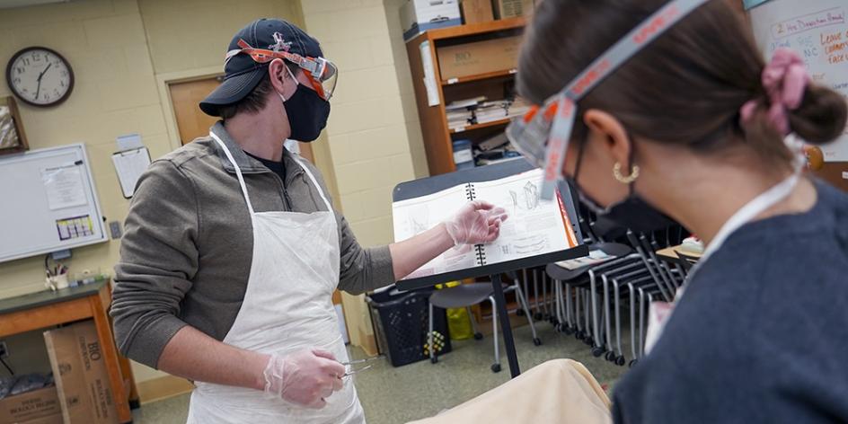 Biology students Eli Allen and Brianna Lloyd at work in Heidelberg's Body Donor (Cadaver) Lab