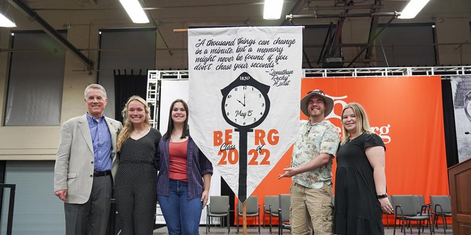 Class of '22 banner presentation at Commencement rehearsal Friday.