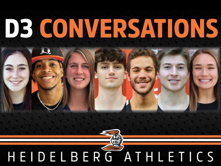 7 student athletes' headshots with text "D-3 Conversations"