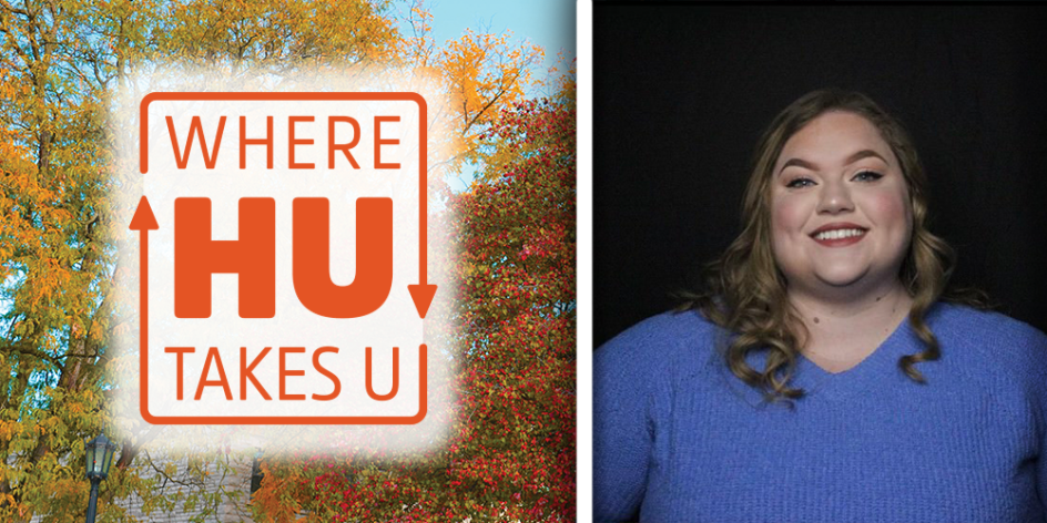 The Where HU Takes U logo (left) and the headshot of Jasmine Ridler (right). Jasmine is a white woman with light brown / blonde curly hair, and she is wearing a blue sweater.