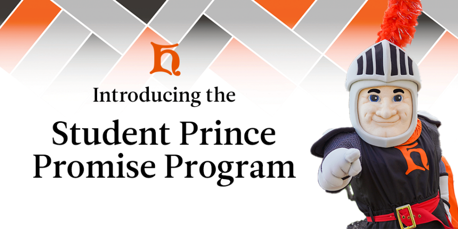 "Introducing the Student Prince Promise Program" with the Siggy the Student Prince Mascot pointing at the viewer