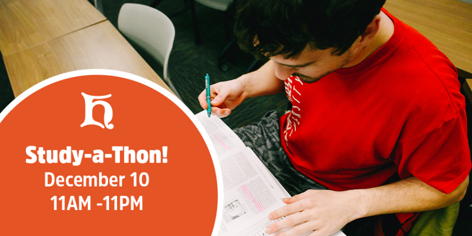 A studen studying with the following text: "Study-a-Ton! December 10, 11AM - 11PM"