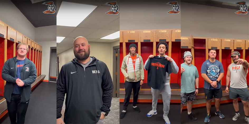 Four screenshots from the video sent to Connor Sons. From left to right: Kobee Hooker, Coach Scott Donaldson, two football players with one holding a Heidelberg shirt, and three football players with two pointing to the camera.