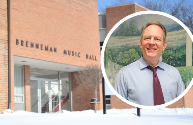 Brenneman Music Hall, a brick building with a glass front door, in the snow. Greg Ramsdell, a middle aged white man wearing a blue shirt and a red tie, is superimposed.