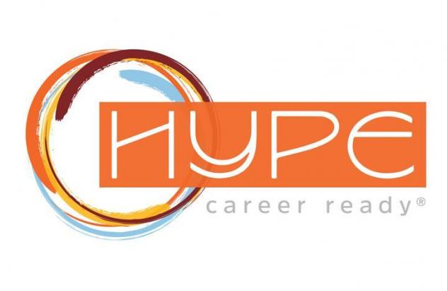 HYPE Career Ready logo, orange and light blue circle swirls with an orange box overlay and the word "HYPE" in white