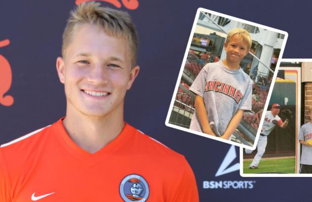 Sam pictured during photo day in soccer uniform on left side with two photos of him attending Reds games as a child on the right side