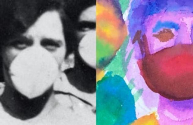 Side by side picture, one black and white, one color, of people wearing masks