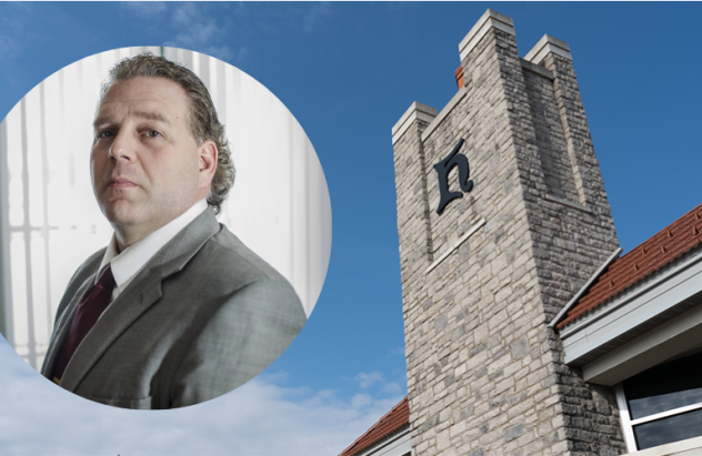 Bill Kimberlin's headshot superimposed on an image of the University common's chimney