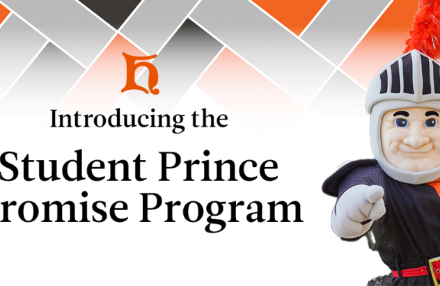 "Introducing the Student Prince Promise Program" with the Siggy the Student Prince Mascot pointing at the viewer