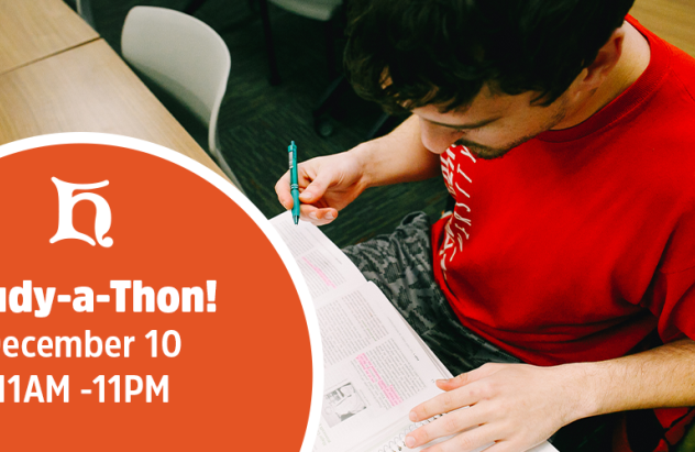A studen studying with the following text: "Study-a-Ton! December 10, 11AM - 11PM"