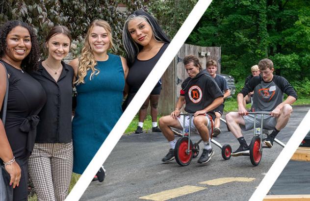 three images, one with four students dressed in business formal attire, one with students riding tricycles, one with students loading framework for a house into a truck