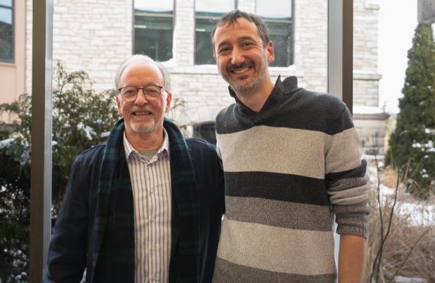 Genetics prof guest lecturer Tom Freelund with Dr. Justin Pruneski